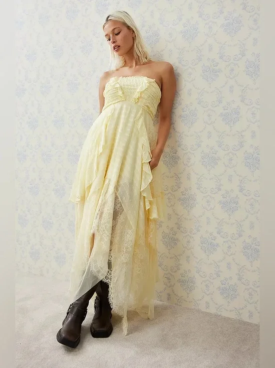 Free People Sheer Bliss Strapless Butter Yellow Lace Ruffle Maxi Dress - Picture 1 of 12